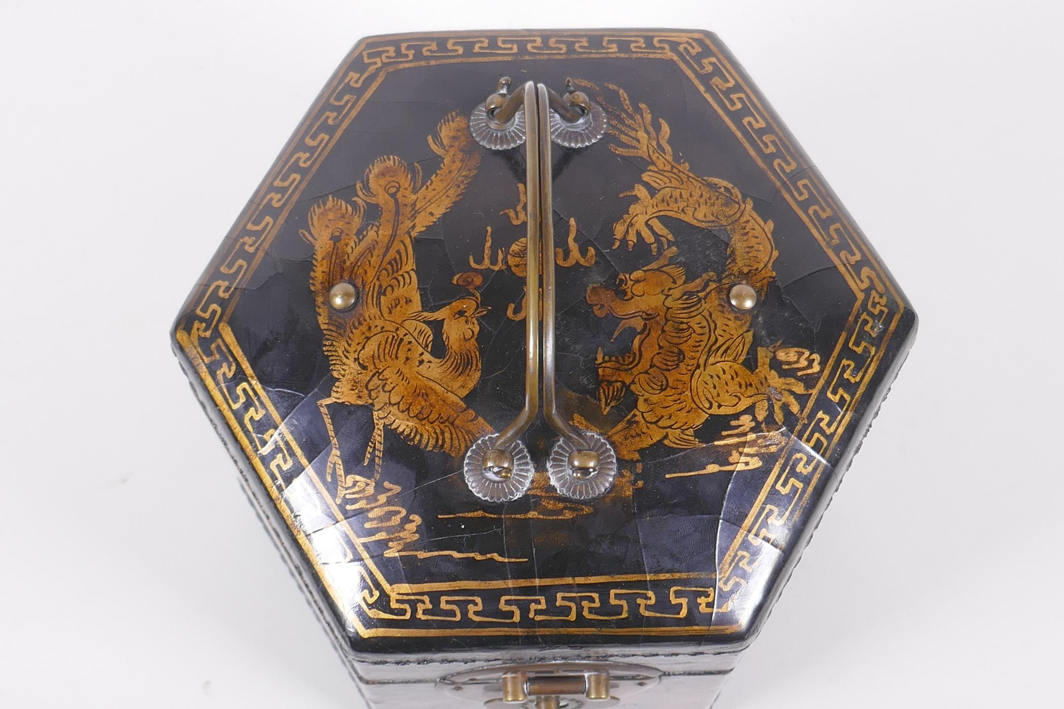 A Chinese black lacquer caddy of hexagonal form with gilt chinoiserie decoration and brass mounts, - Image 5 of 9