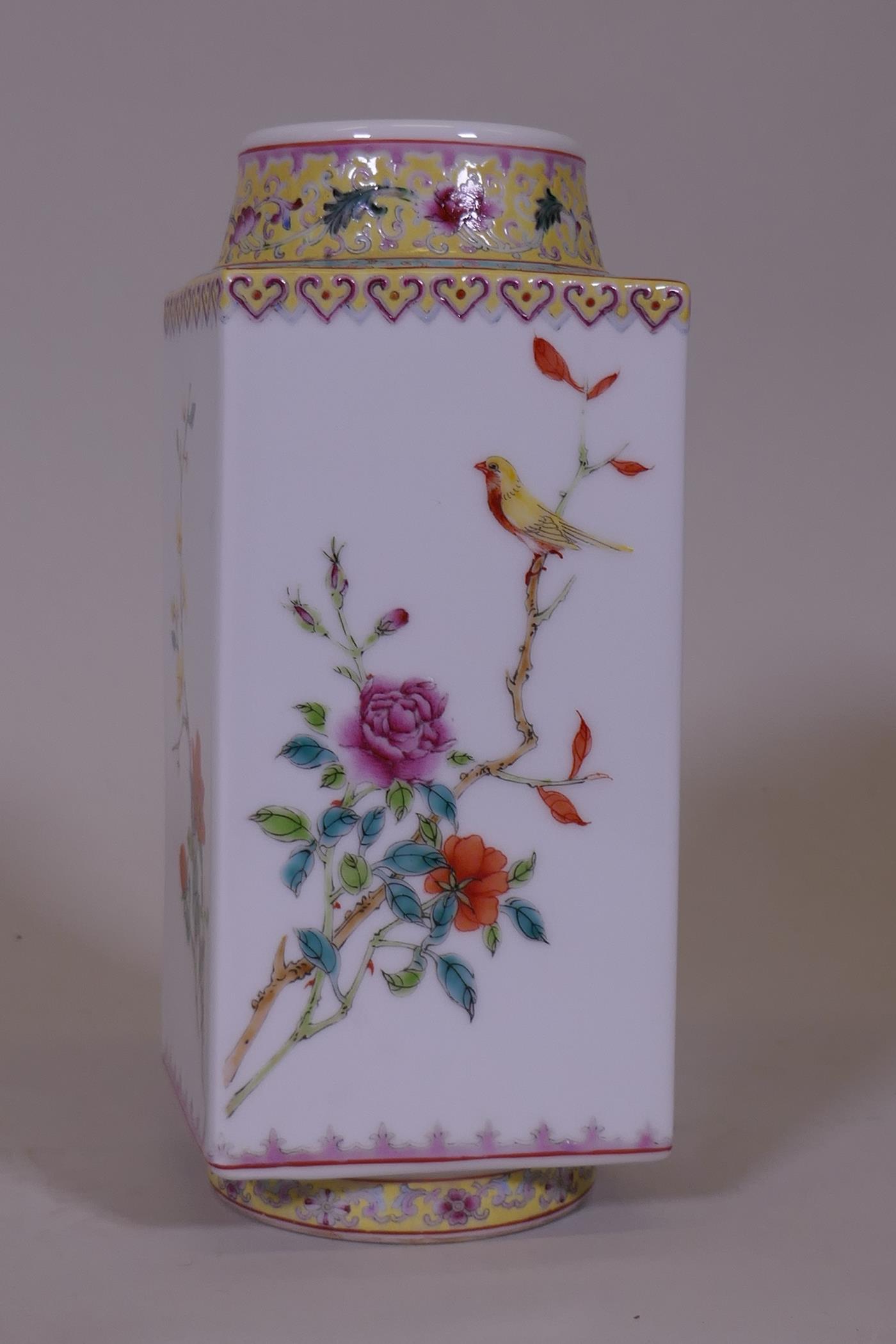 A Chinese cong vase, decorated with birds and flowers, red seal mark to base, 23cm high