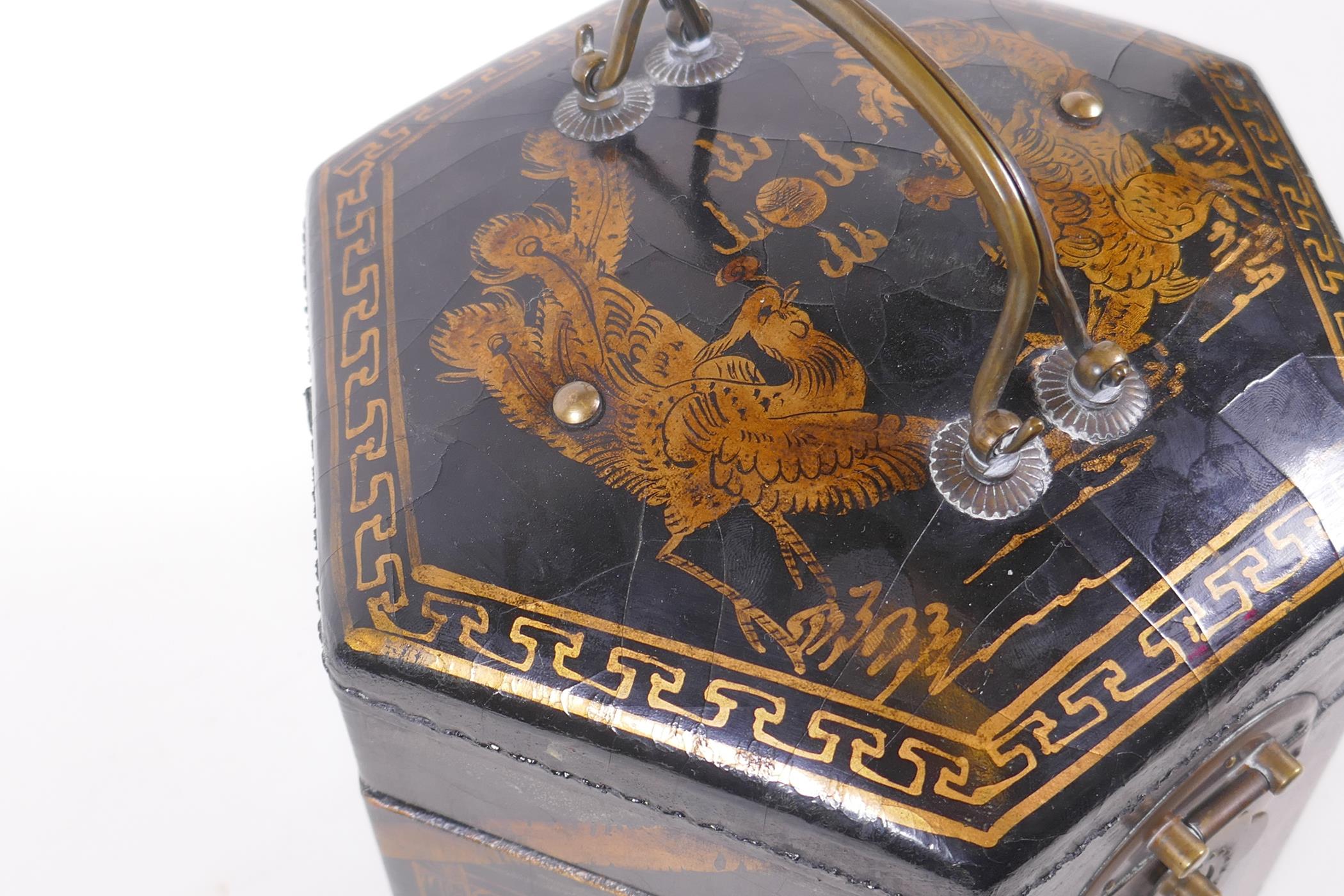 A Chinese black lacquer caddy of hexagonal form with gilt chinoiserie decoration and brass mounts, - Image 6 of 9
