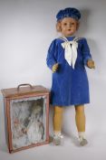 A vintage 30s/40s life size lacquered wood walking doll in 'HMS Hero' clothing, with brown