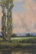 Poplars by a river, indistinctly signed, impressionist style oil on board, and an unframed oil,