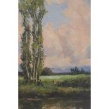 Poplars by a river, indistinctly signed, impressionist style oil on board, and an unframed oil,