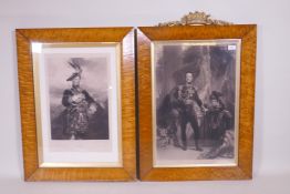 A pair of C19th engravings in good birdseye maple frames with gilt slips, one with coronet crest,