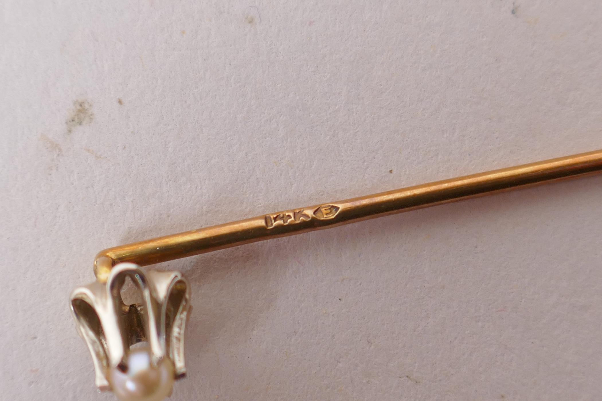 A 14ct gold and pearl set tie pin and two others, a vintage white metal, seed pearl and marcasite - Image 3 of 6
