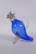 A blue glass and silver plated cockatoo claret jug, 16cm high