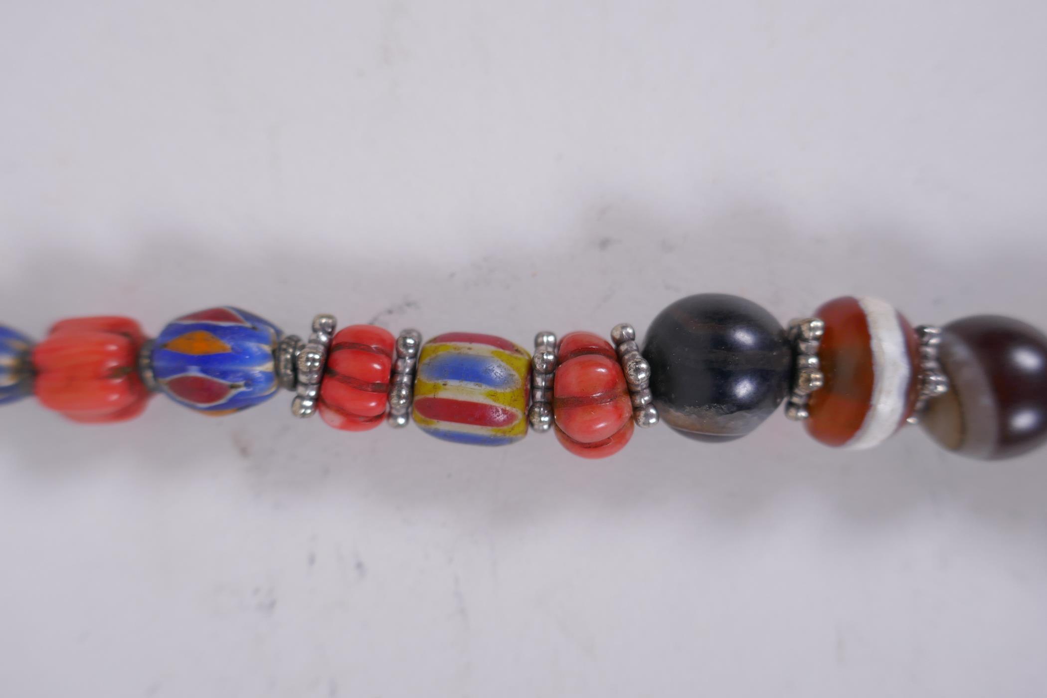 An oriental enamelled white metal, agate, coral, turquoise and multicolour glass bead necklace, 62cm - Image 4 of 4