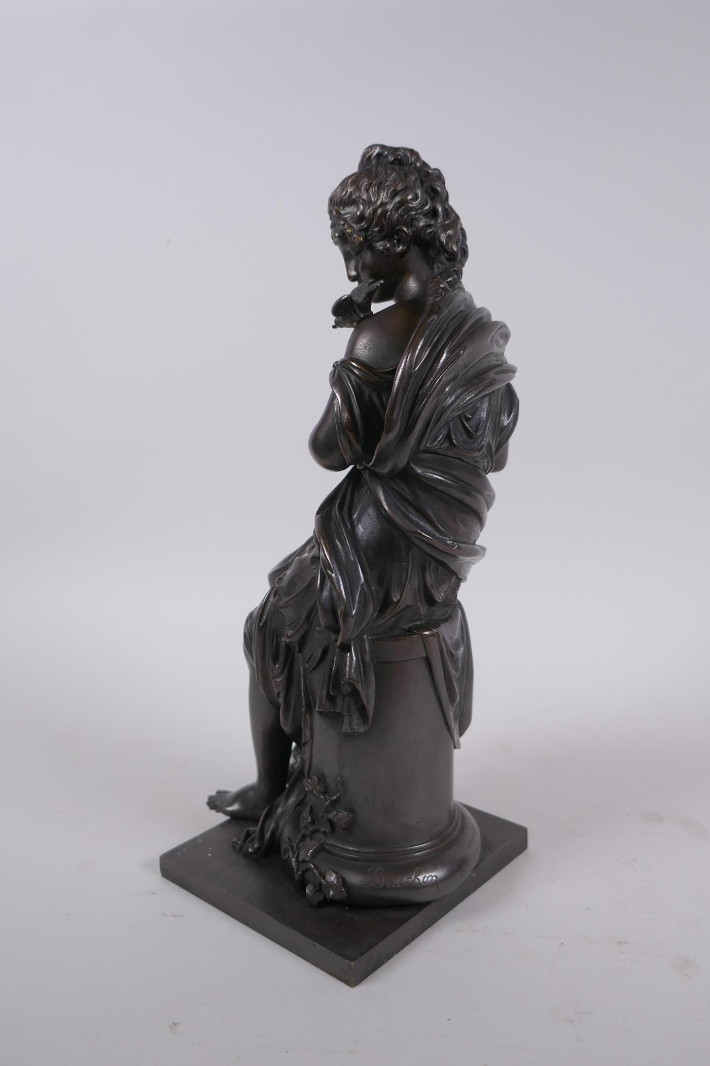 After Emile Bruchon, a late C19th/early C20th French bronze of a seated woman holding a nest of - Image 5 of 7