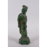 A Chinese reconstituted green hardstone figure of Quan Yin, 20cm high