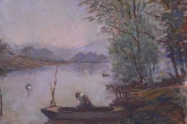 Anita Carr, landscape with boatman, oil on artist's board, monogramed, 40 x 50cm