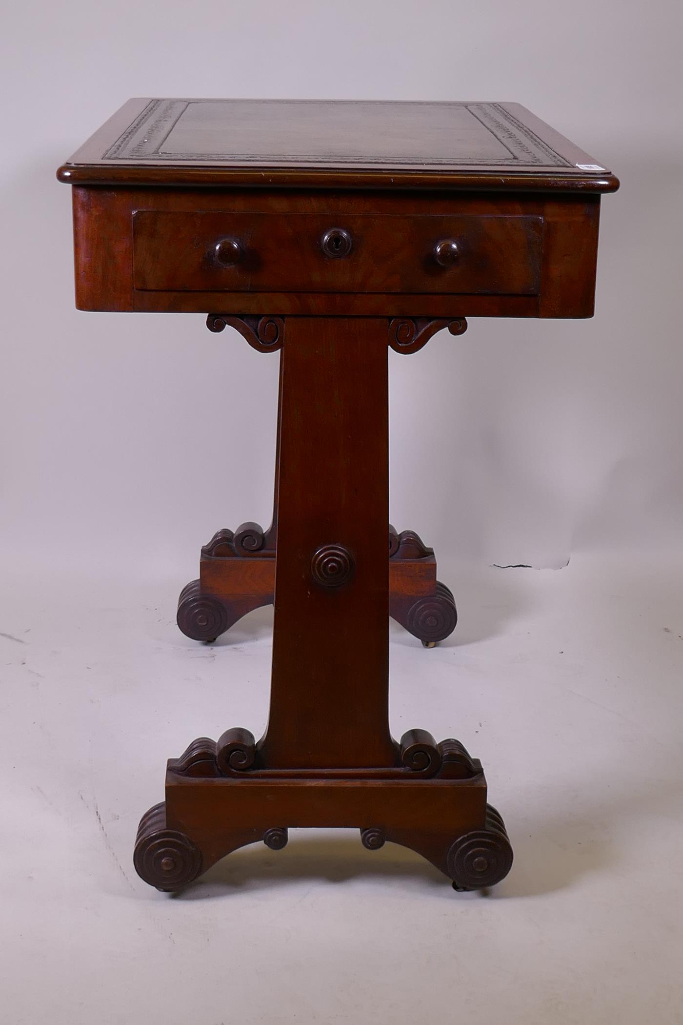 A Georgian mahogany writing table with two end drawers and tooled leather inset top, raised on - Image 3 of 6