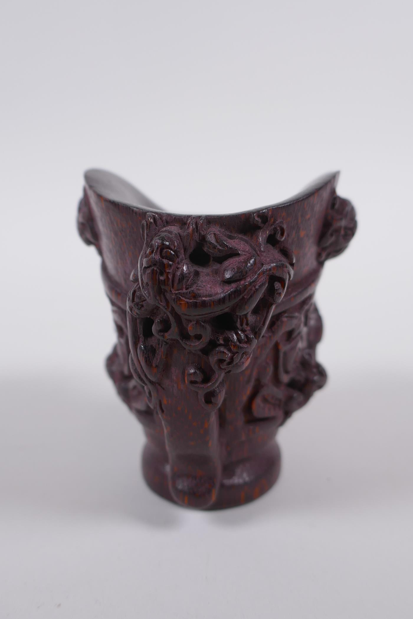A Chinese carved bamboo libation cup with climbing kylin decoration, impressed seal mark to base, - Image 2 of 5