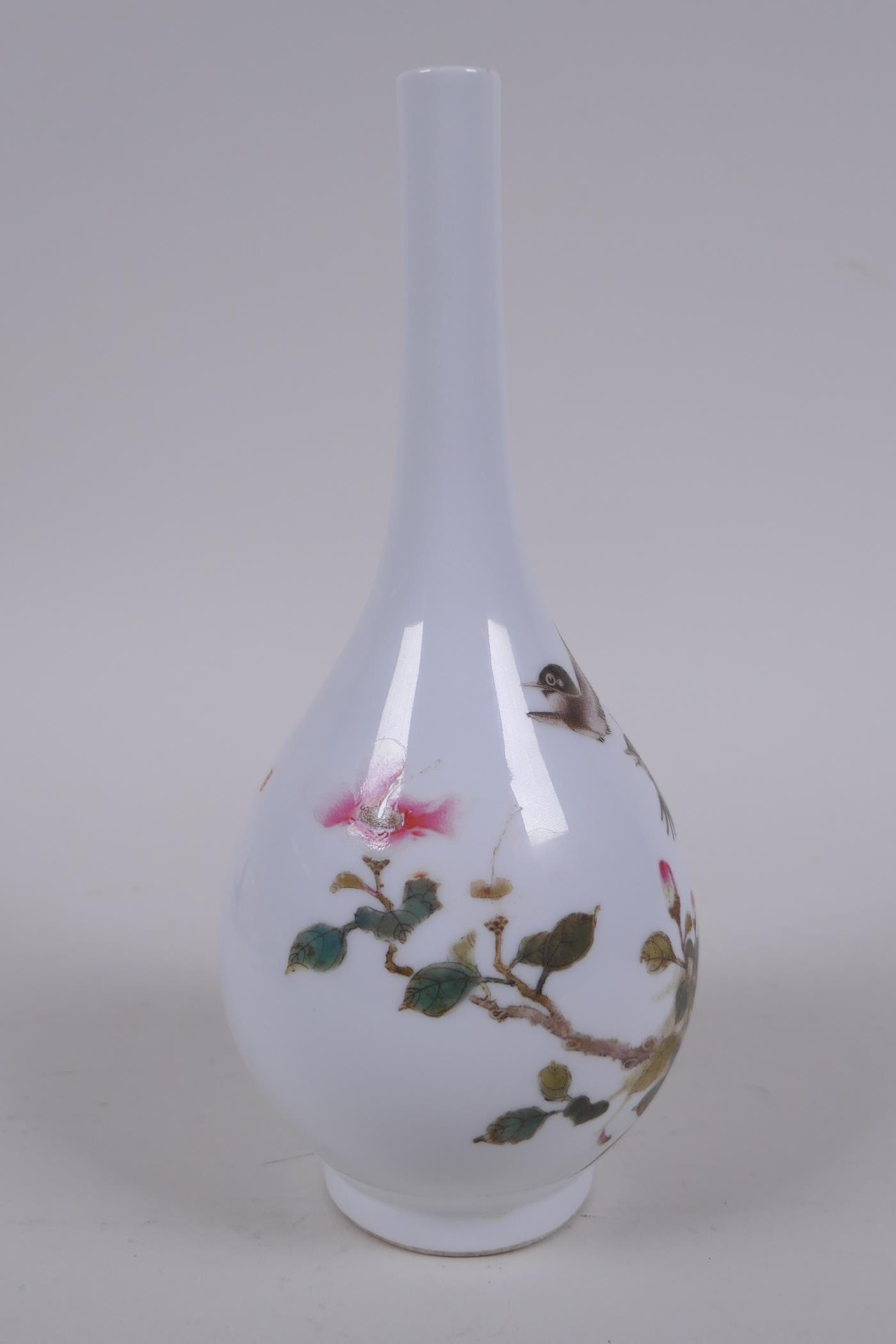 A C19th polychrome porcelain stem vase decorated with birds amongst branches in bloom, character - Image 4 of 6