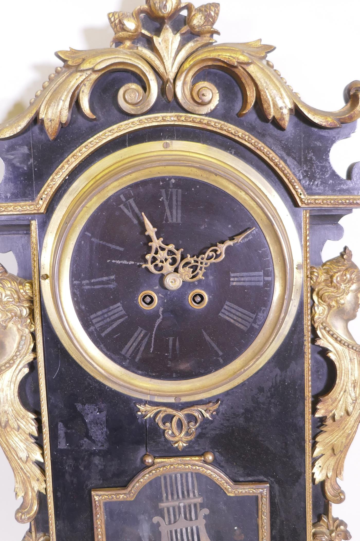 An antique ormolu and ebonised wood cased wall clock and barometer, the spring driven movement - Image 2 of 4