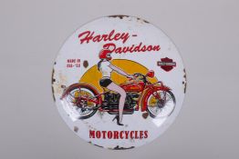 A vintage style Harley Davidson convex enamel advertising sign, 30cm diameter