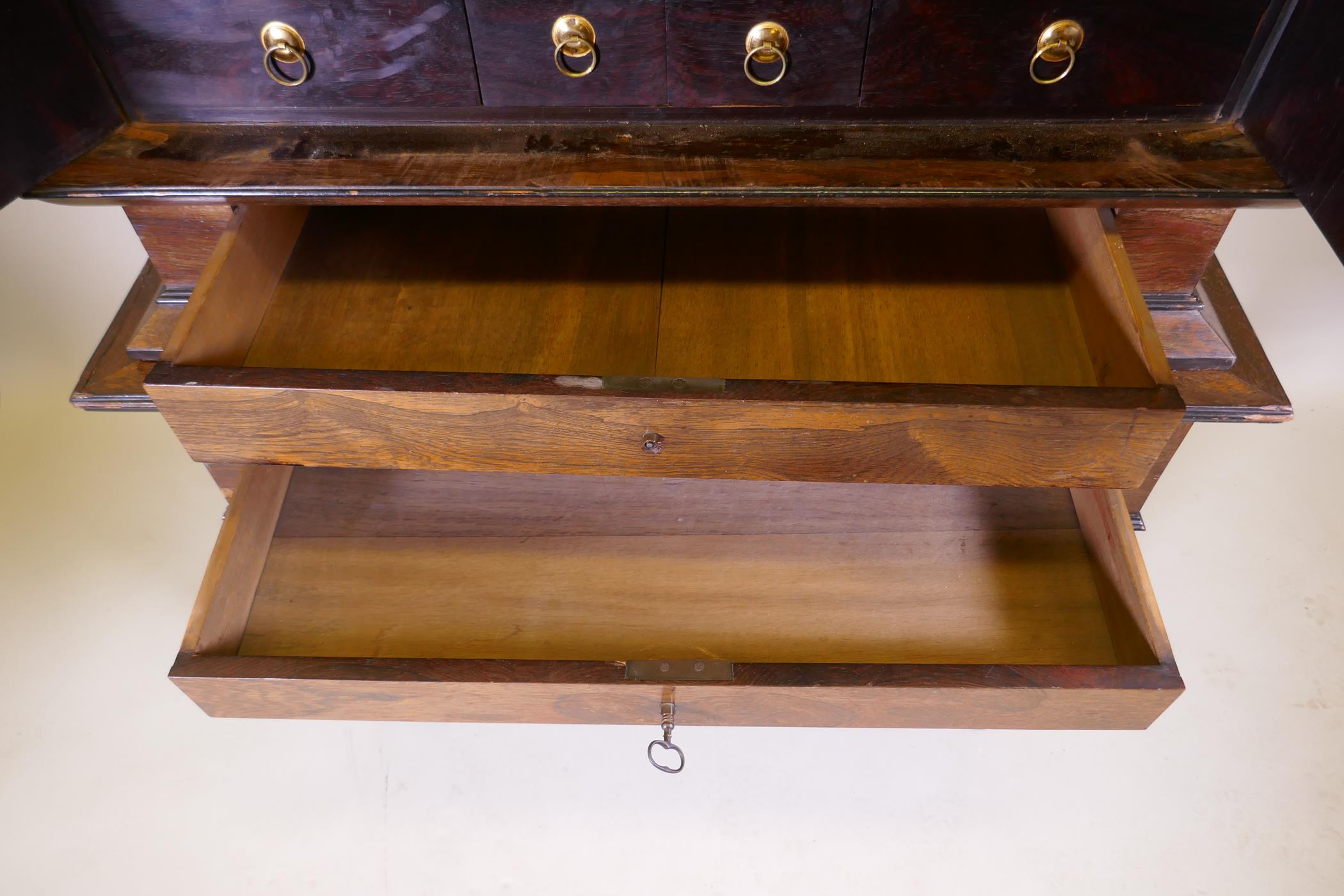 A C19th Continental rosewood cabinet on stand, with carved and ebonised detail, the upper section - Image 5 of 8