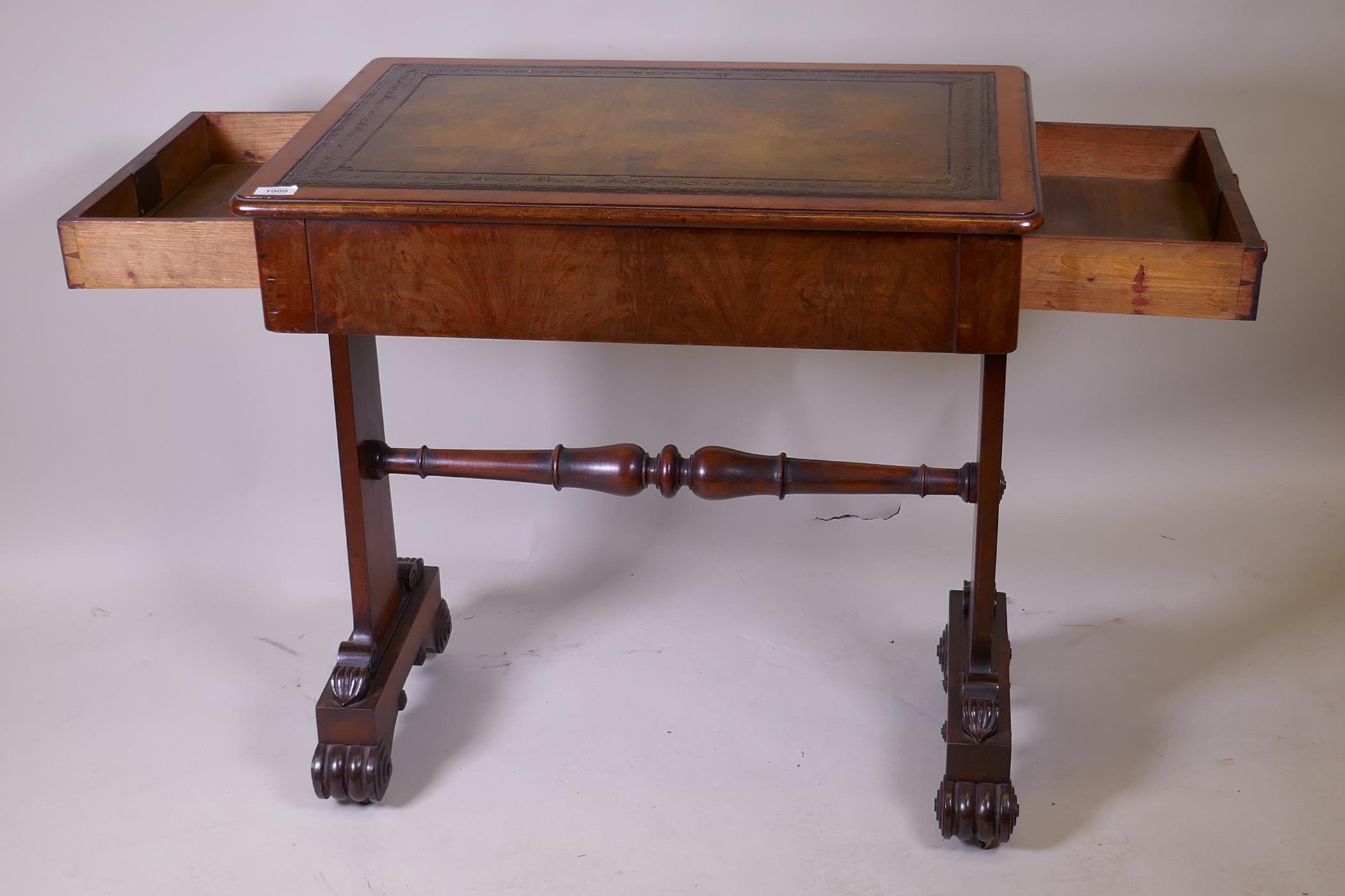 A Georgian mahogany writing table with two end drawers and tooled leather inset top, raised on - Image 5 of 6