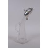 A horn shaped glass and silver plated claret jug with a fish head spout, 24cm high