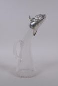A horn shaped glass and silver plated claret jug with a fish head spout, 24cm high