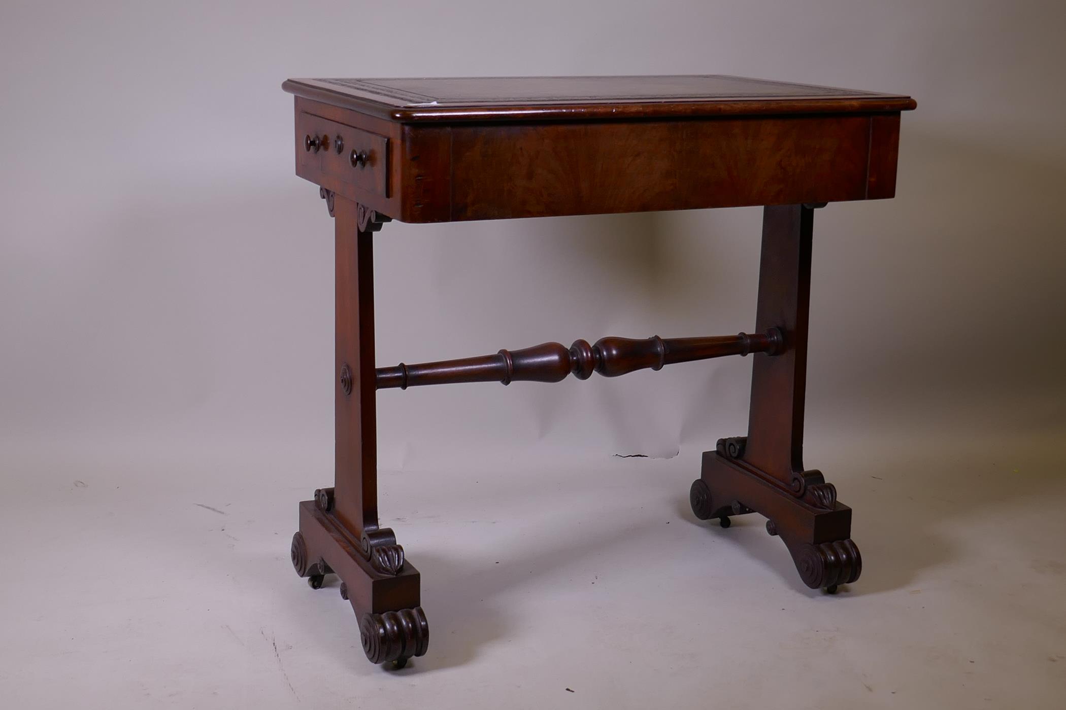 A Georgian mahogany writing table with two end drawers and tooled leather inset top, raised on - Image 2 of 6