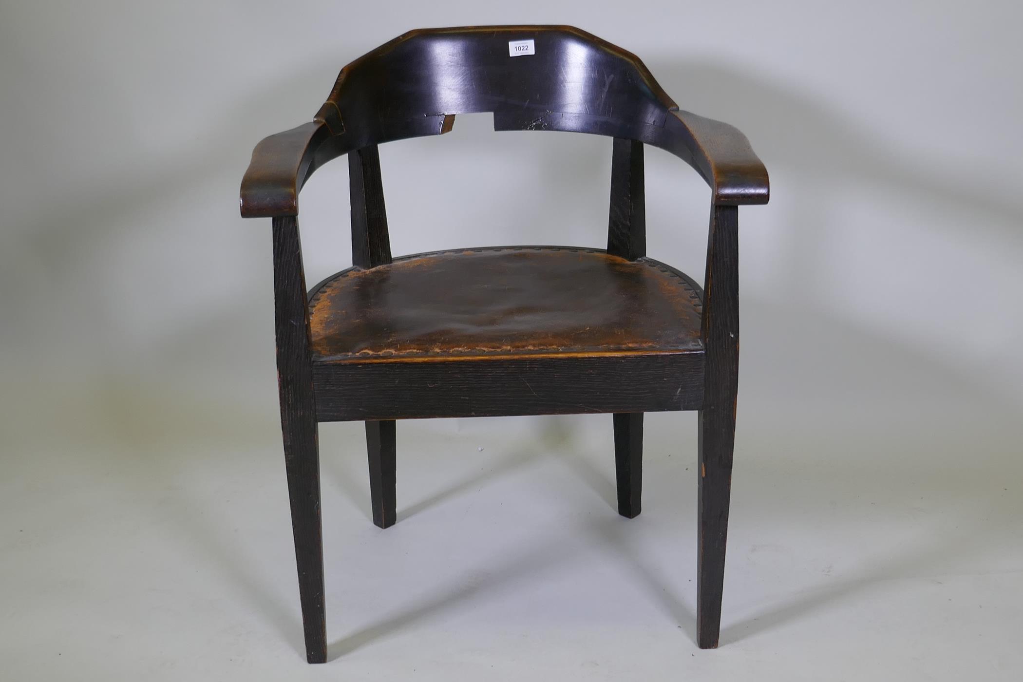 A late C19th/early C20th German oak tub chair with leather studded seat - Image 2 of 4