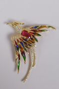 A gilt metal and plique a jour phoenix brooch, 7cm long