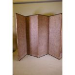 An oriental six fold screen with printed canvas panels, AF, each panel 62 x 173cm