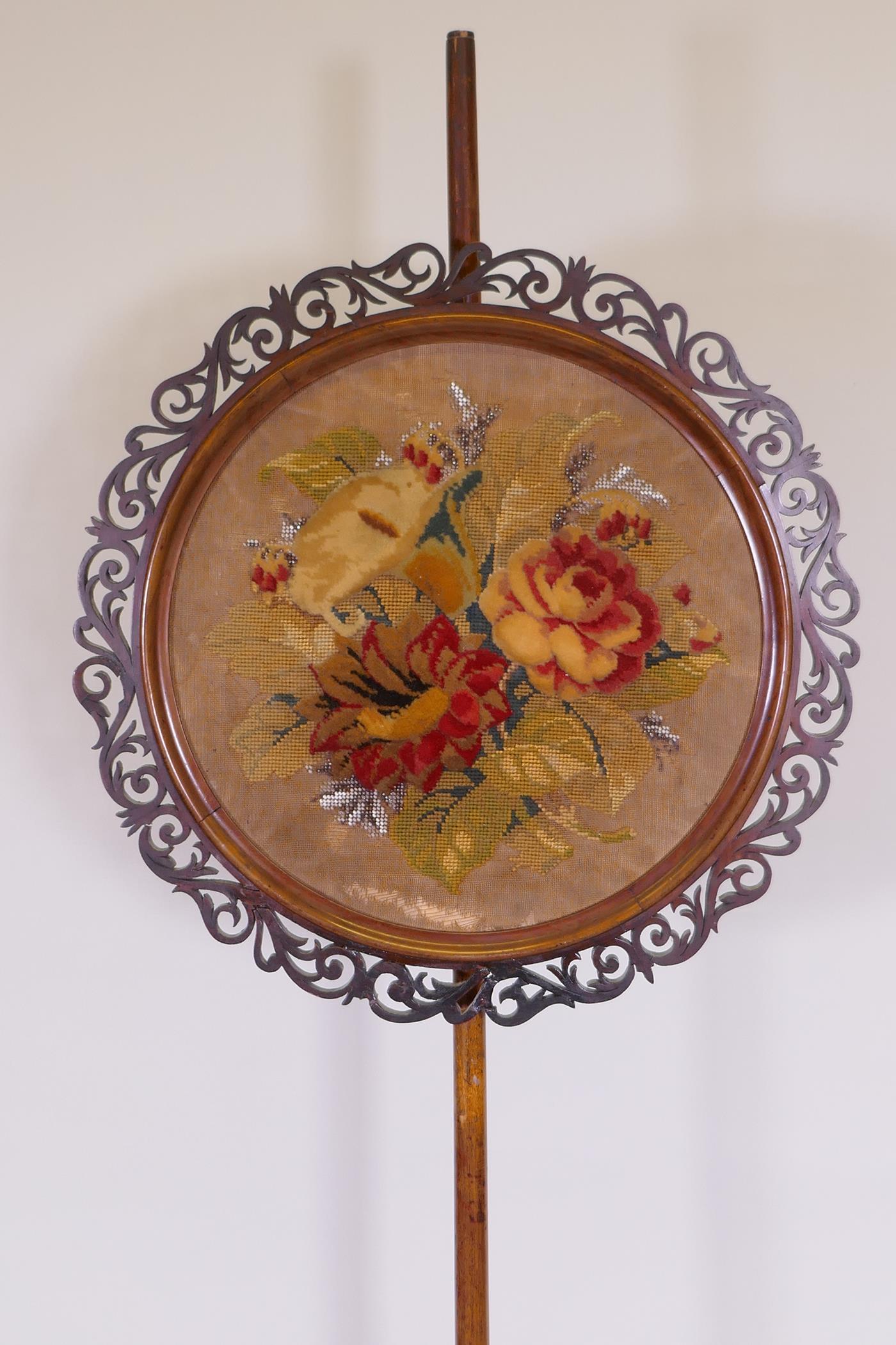 A C19th mahogany barley twist pole screen with embroidered panel, 162cm high - Image 3 of 3
