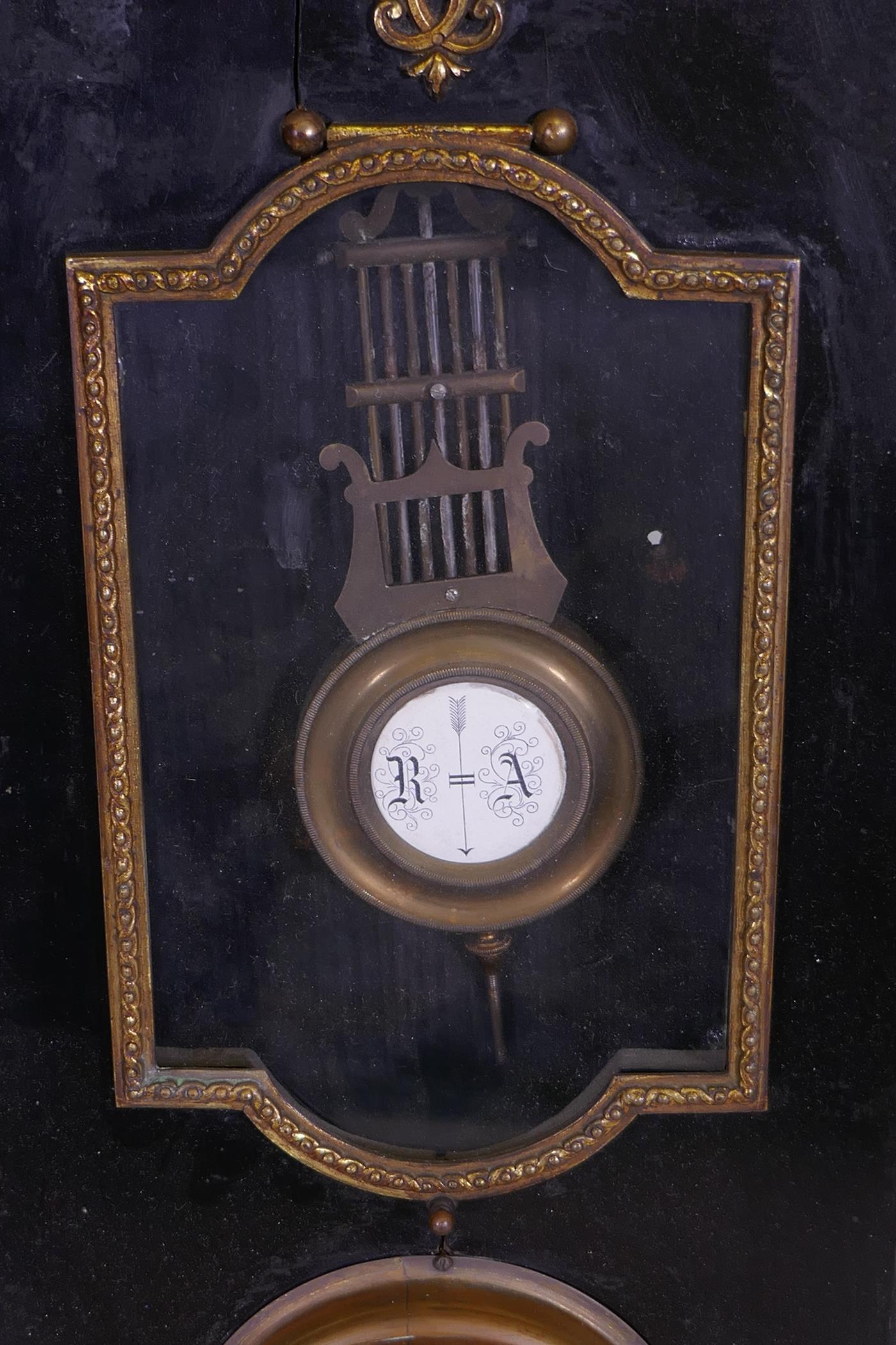 An antique ormolu and ebonised wood cased wall clock and barometer, the spring driven movement - Image 3 of 4
