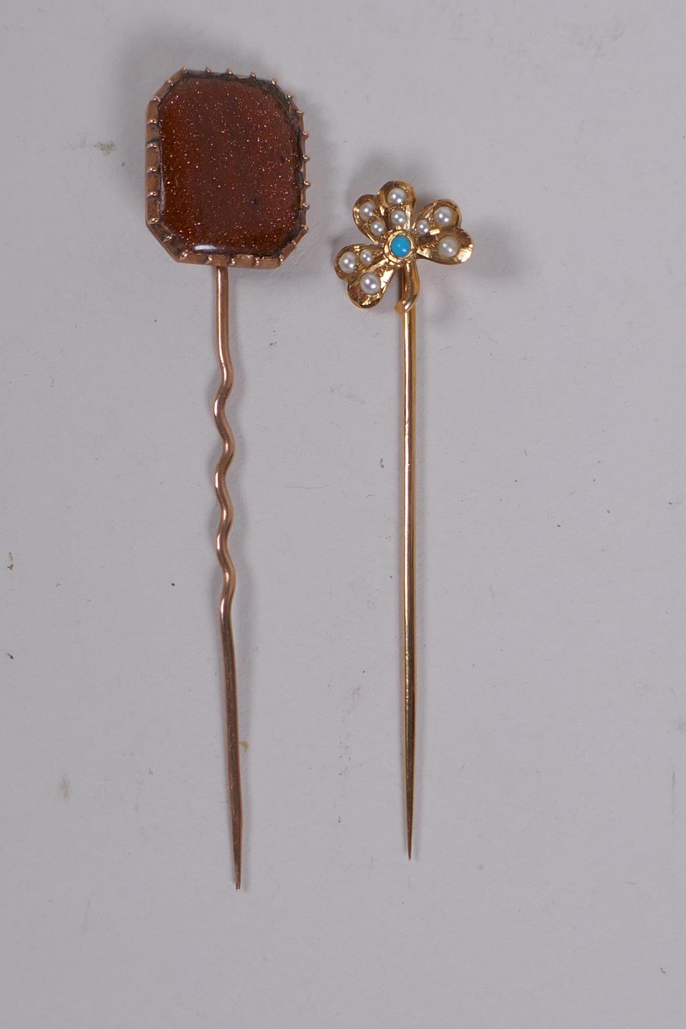 A 14ct gold and pearl set tie pin and two others, a vintage white metal, seed pearl and marcasite - Image 4 of 6