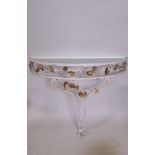 A painted wrought metal demi lune console table with glass top, 62 x 26cm, 49cm high