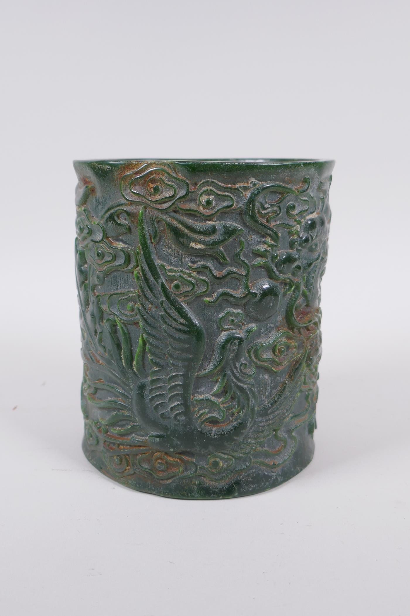 A Chinese carved green hardstone brush pot decorated with a dragon and phoenix, Qianlong seal mark - Image 2 of 6