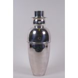 A silver plated snowman shaped cocktail shaker, 26cm high
