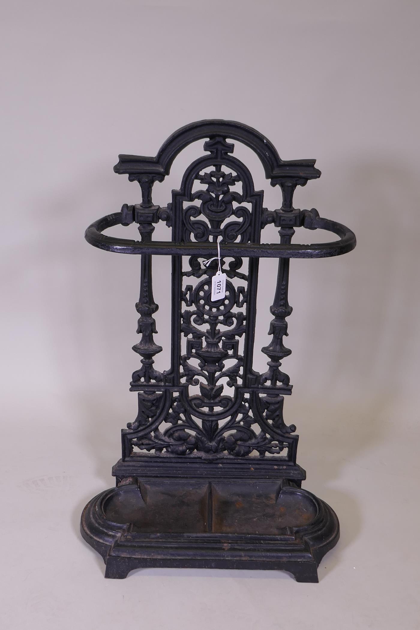 A Victorian painted cast iron stick stand, 45 x 23cm, 70cm high
