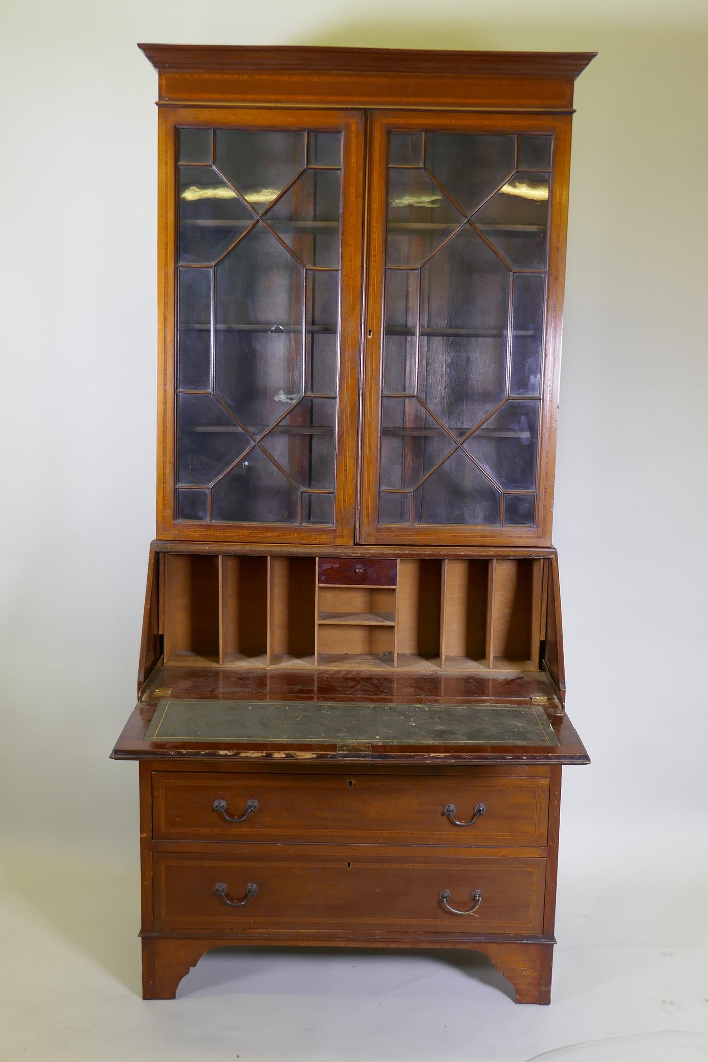 A Victorian mahogany bureau bookcase with a astral glazed top, the fall front fitted with pigeon - Image 2 of 3