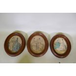 Three C19th fashion prints in oval mahogany frames, frames 33cm long