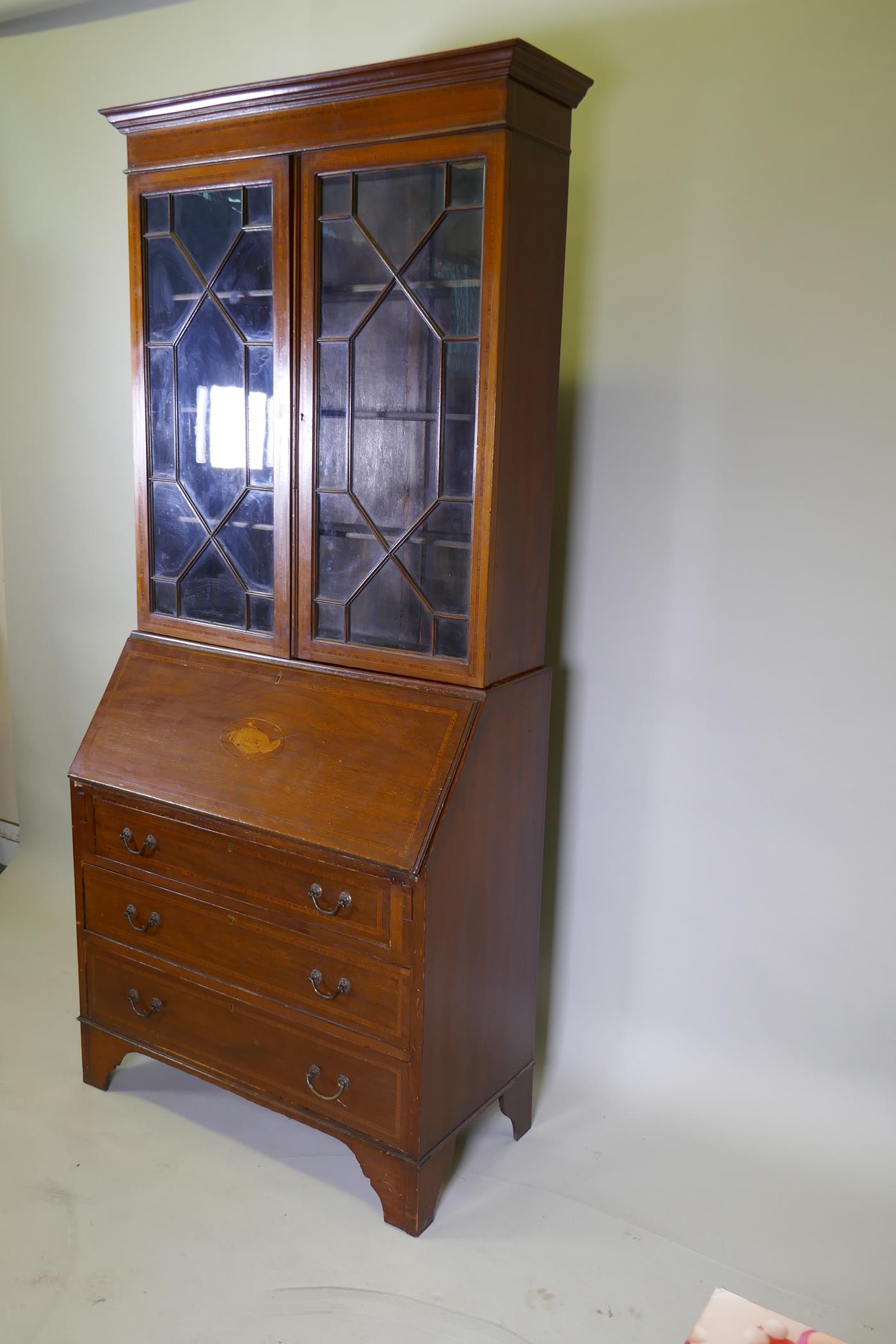 A Victorian mahogany bureau bookcase with a astral glazed top, the fall front fitted with pigeon - Image 3 of 3