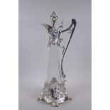 An Art Nouveau style silver plate and glass claret jug, 42cm high