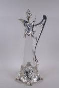 An Art Nouveau style silver plate and glass claret jug, 42cm high