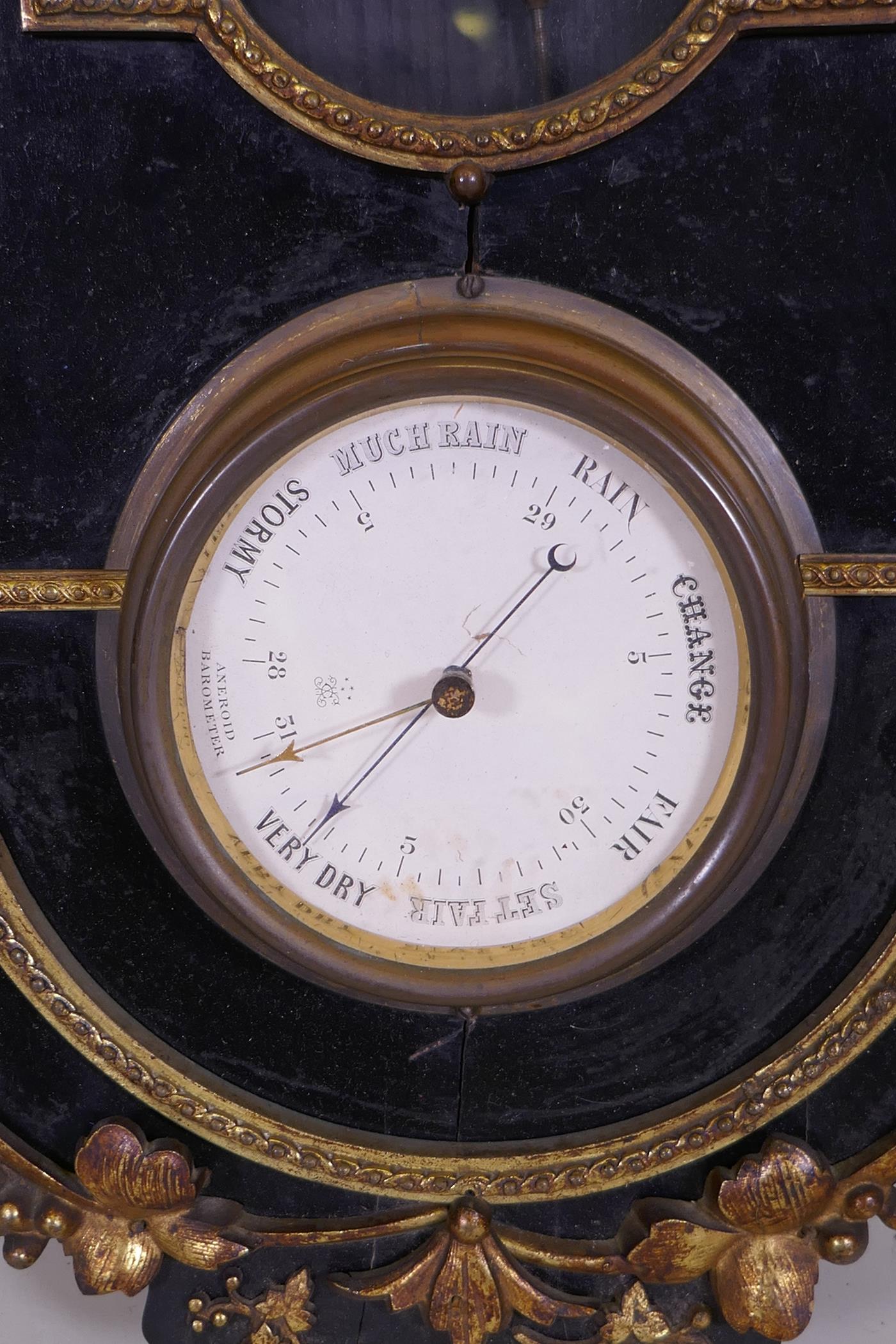 An antique ormolu and ebonised wood cased wall clock and barometer, the spring driven movement - Image 4 of 4