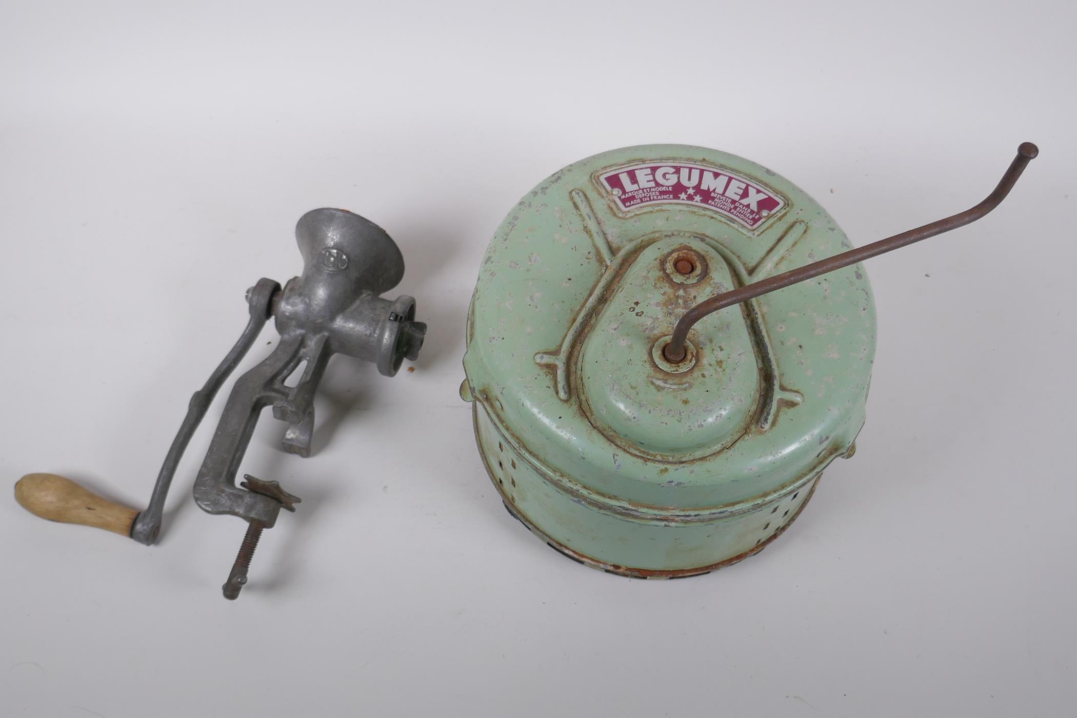A vintage French Legumex mechanical potato peeler, and a British Spong mincer/grinder, peeler 23cm
