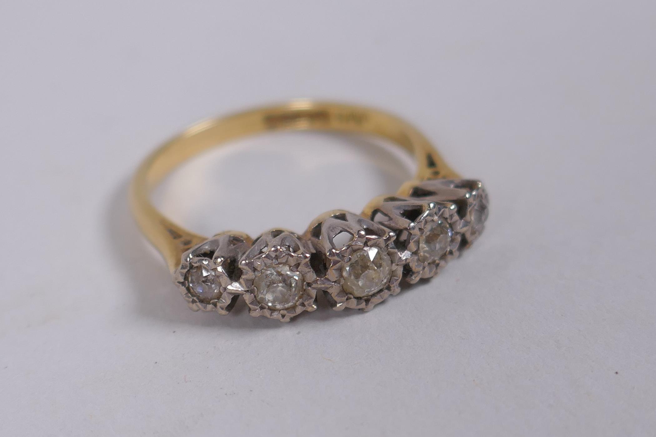 An 18ct yellow gold ring set with five old cut diamonds, 0.3ct, 3.8g gross - Image 2 of 4