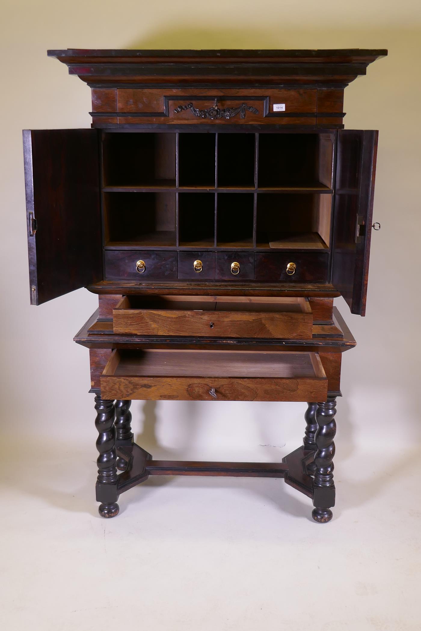 A C19th Continental rosewood cabinet on stand, with carved and ebonised detail, the upper section - Image 4 of 8