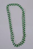 A green jade and pearl bead necklace, 120cm long