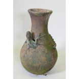 A terracotta garden vase with an applied and painted lizard, historic repair, 66cm high