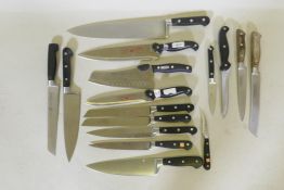 A quantity of chef's knives, Wusthof Classic, Zwilling, J.A. Henckels, Berman & Benz etc, largest