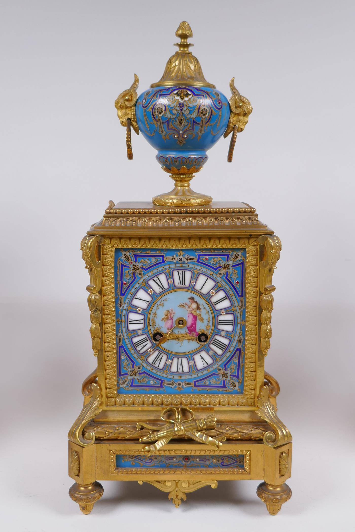 A late C19th/early C20th French ormolu and Sevres style porcelain clock garniture, the hand - Image 2 of 13