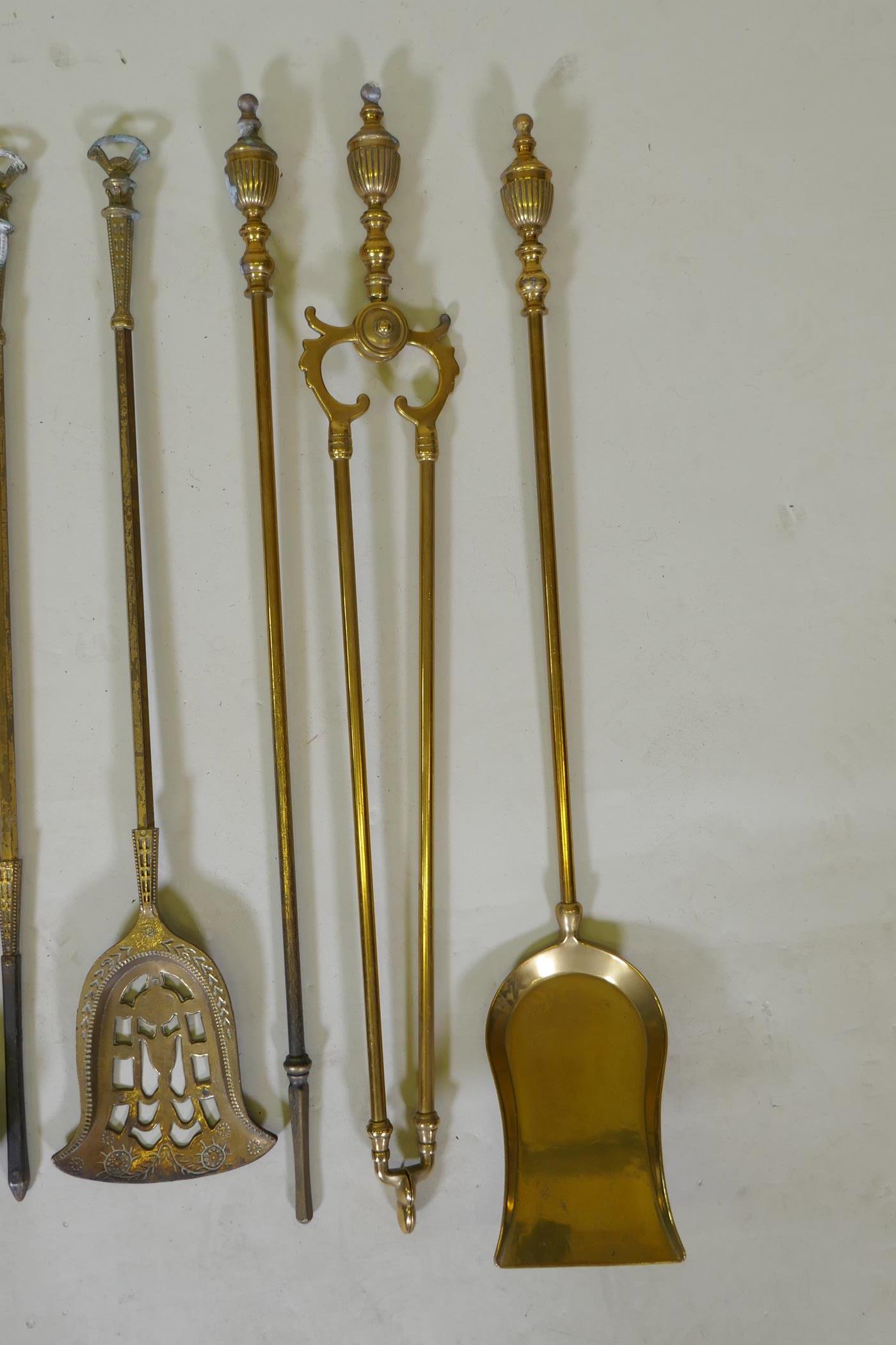 A set of three brass Empire style fire irons and a quantity of other fire irons including a - Image 2 of 4