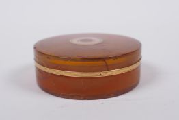 An antique gold mounted tortoise shell cylinder box and cover, 6cm diameter