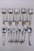 Eleven C19th silver dessert spoons by various makers, and seven Georgian silver tea spoons by