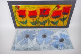 A pair of Greek fused glass decorative floral wall plaques, indistinctly signed, 75 x 33cm